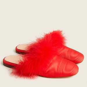 J Crew FEATHER-TRIMMED MULE SLIDES IN MOIRE SILK